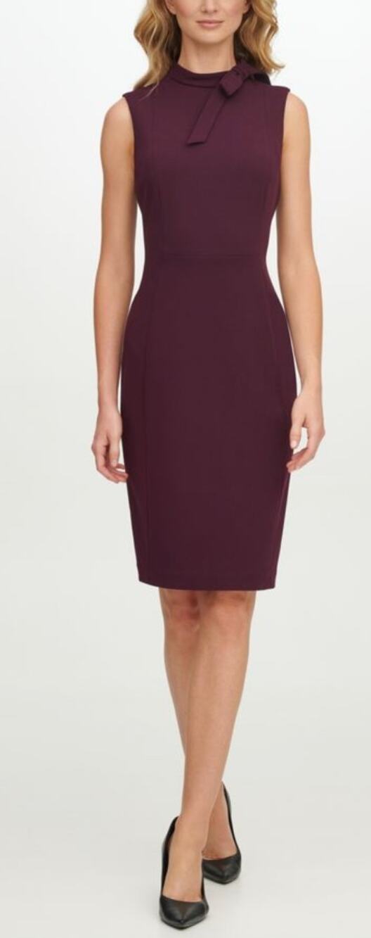 Calvin Klein Bow Neck Sheath Dress Womens Size 8 Petite New Aubergine Sleeveless - Picture 1 of 12